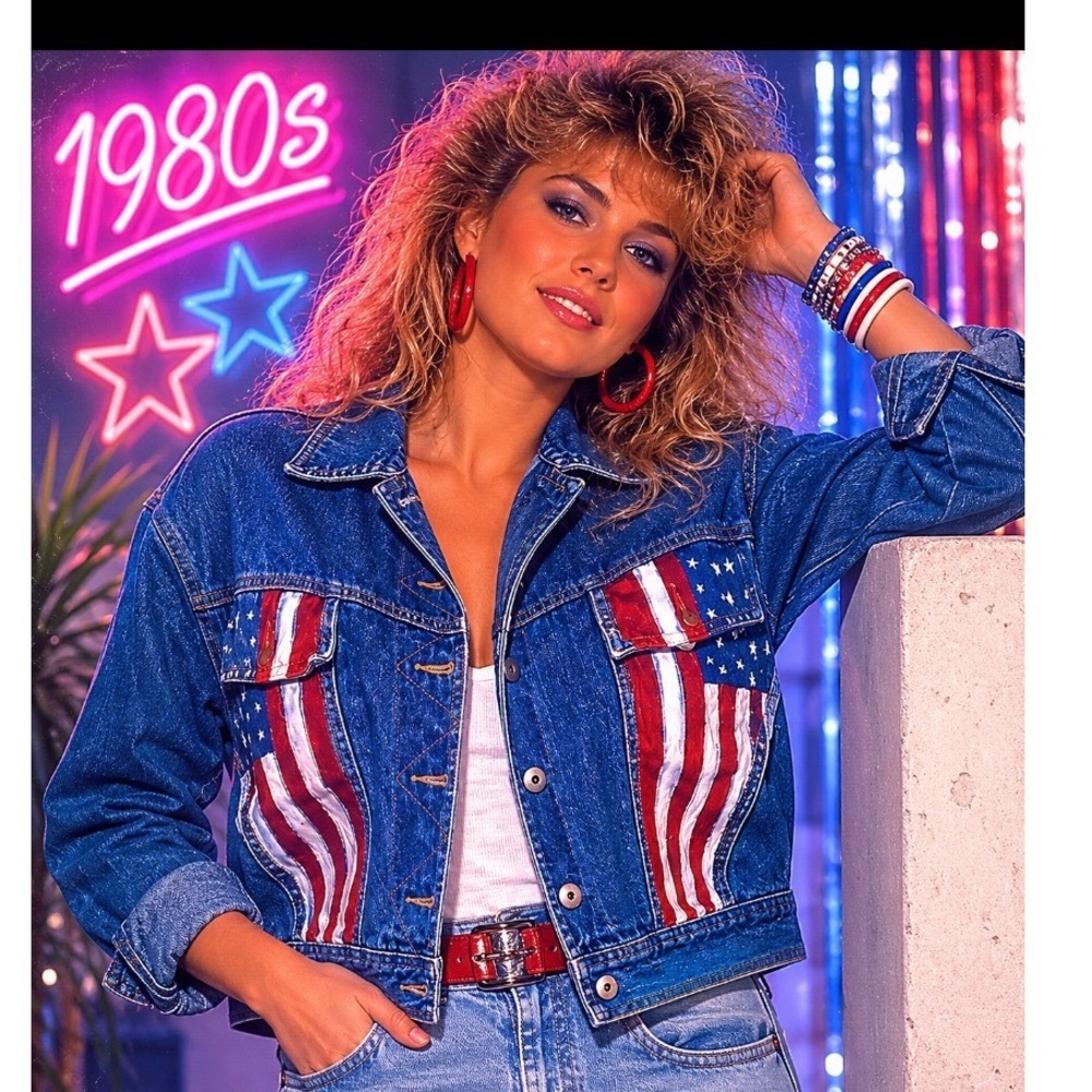 VTG 80's Adrienne‎ Vittadini Hand Painted American Flag Denim Jacket Cropped